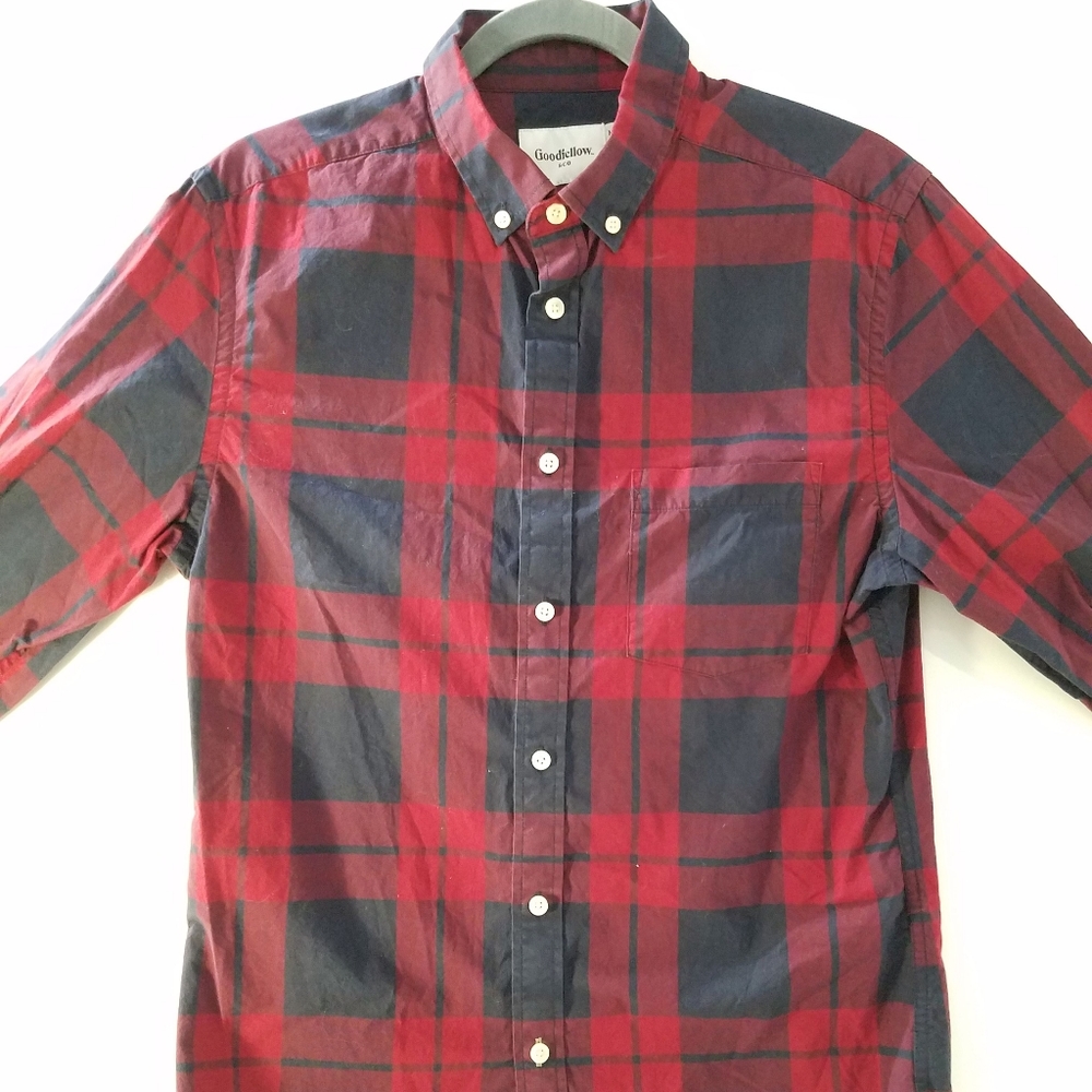 Buttoned up red w/ blue checkered casual shirt.